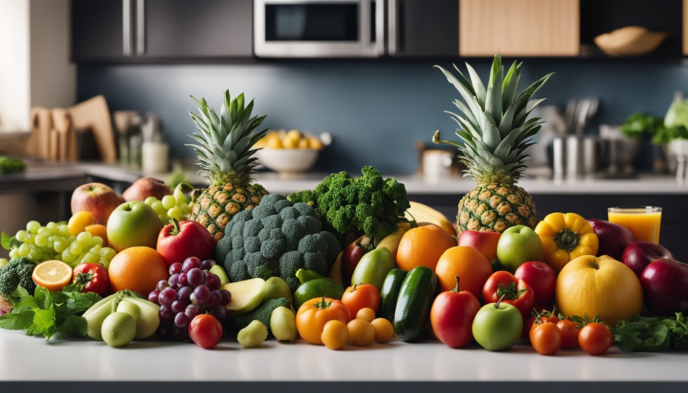 A colorful array of fresh fruits and vegetables contrast with packaged, processed foods on a kitchen counter, highlighting the difference between whole and processed foods