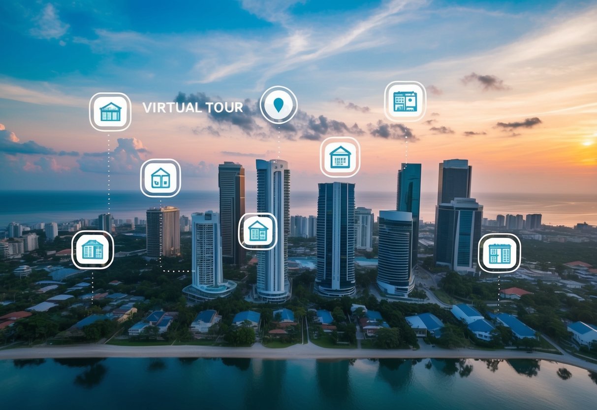 Aerial view of Cebu skyline with virtual tour icons overlaying various properties