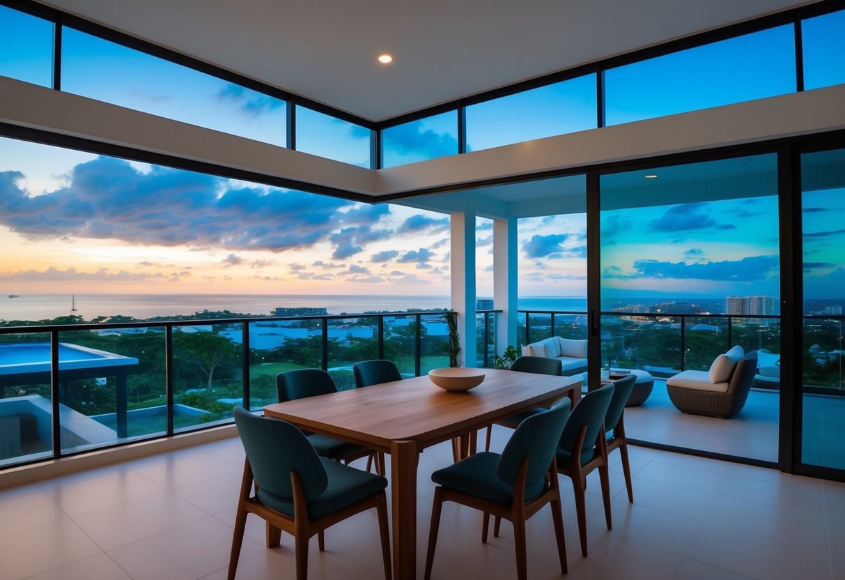 A virtual tour of a modern Cebu property, showcasing the spacious interior and stunning views from the balcony