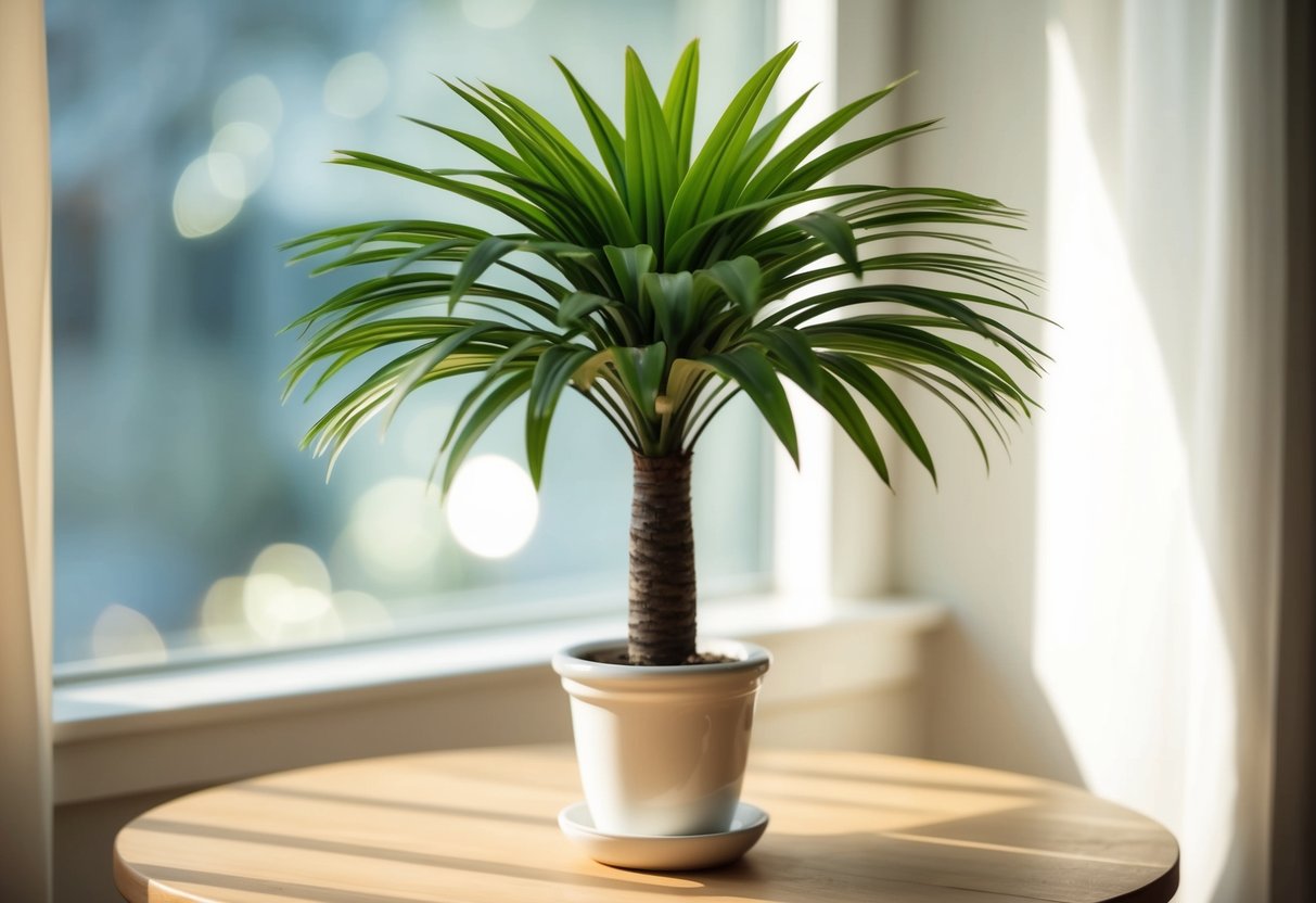 A fake palm plant sits in a white ceramic pot on a wooden table, surrounded by soft sunlight filtering through a window