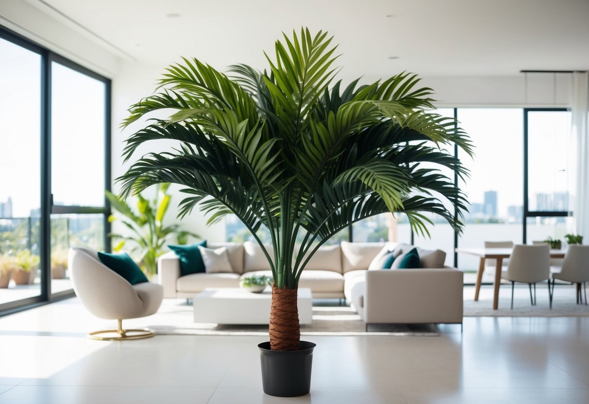 A fake palm plant sits in a bright, modern living room, surrounded by minimalist furniture and natural light streaming in through large windows