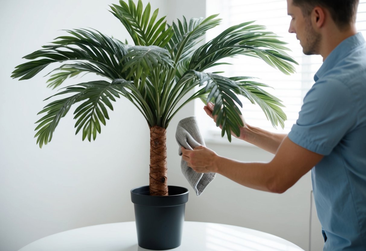 A person dusts a fake palm plant with a soft cloth, adjusting the leaves to appear natural. The plant sits in a clean, well-lit room