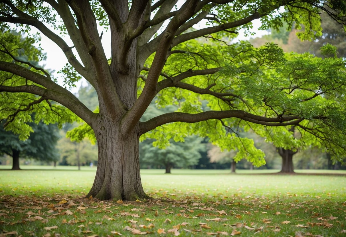 A tall, sturdy oak tree with rough bark and lush green leaves, surrounded by a scattering of fallen leaves on the forest floor