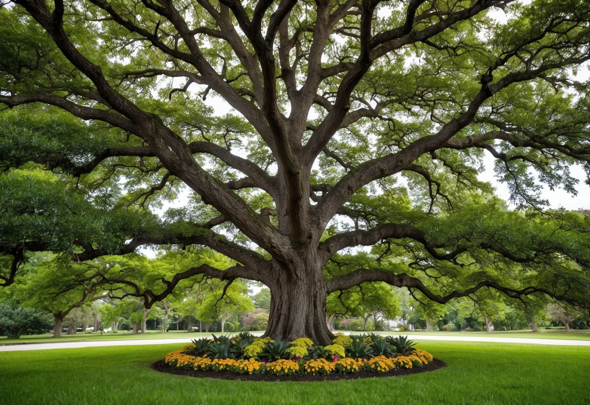 A towering oak tree with spreading branches and detailed bark, surrounded by lush green foliage and colorful flowers at its base