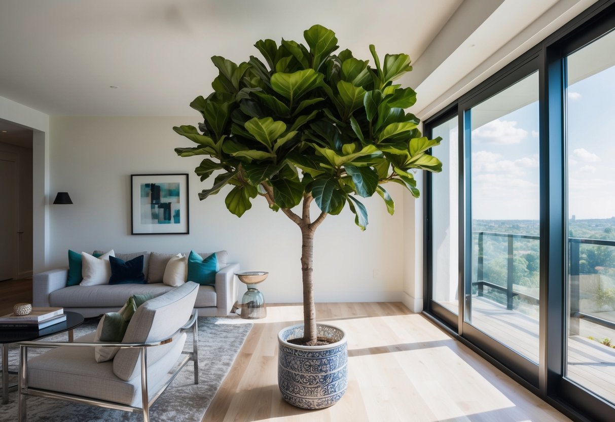 A fiddle leaf fig tree stands tall in a modern living room, surrounded by sleek furniture and bathed in natural light from a nearby window