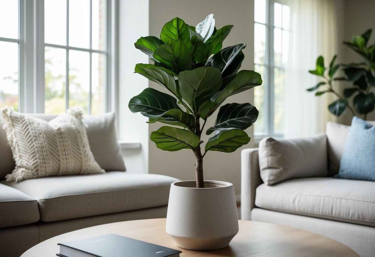 A cozy living room corner with a fiddle leaf fig artificial plant placed in a modern ceramic pot, surrounded by neutral-colored furniture and natural light streaming in through the window