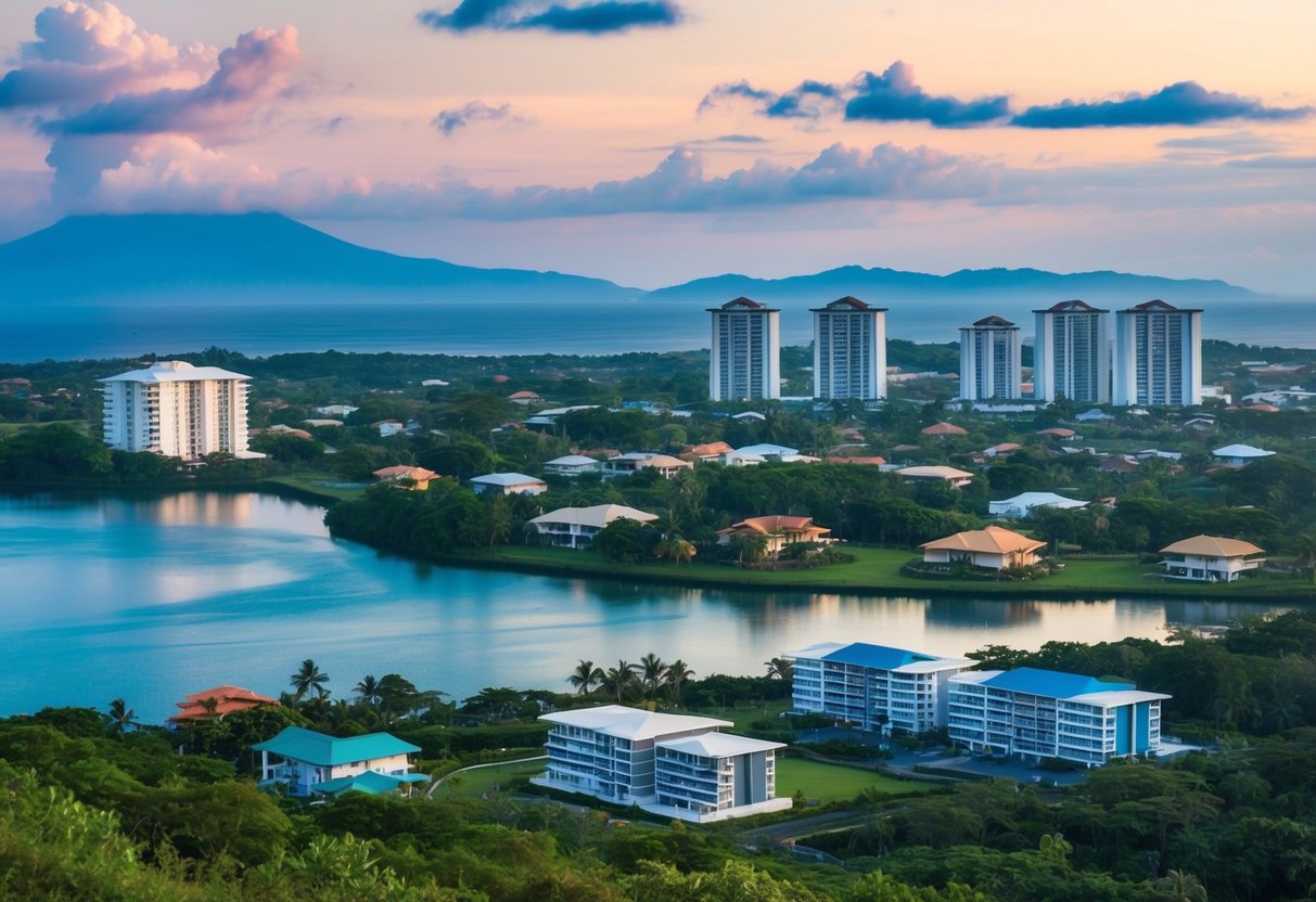 A landscape of Cebu, Philippines with various real estate properties and their titles displayed