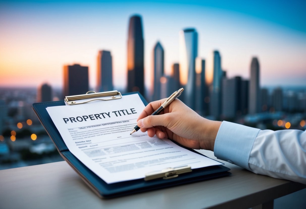 A hand holding a property title document with a city skyline in the background