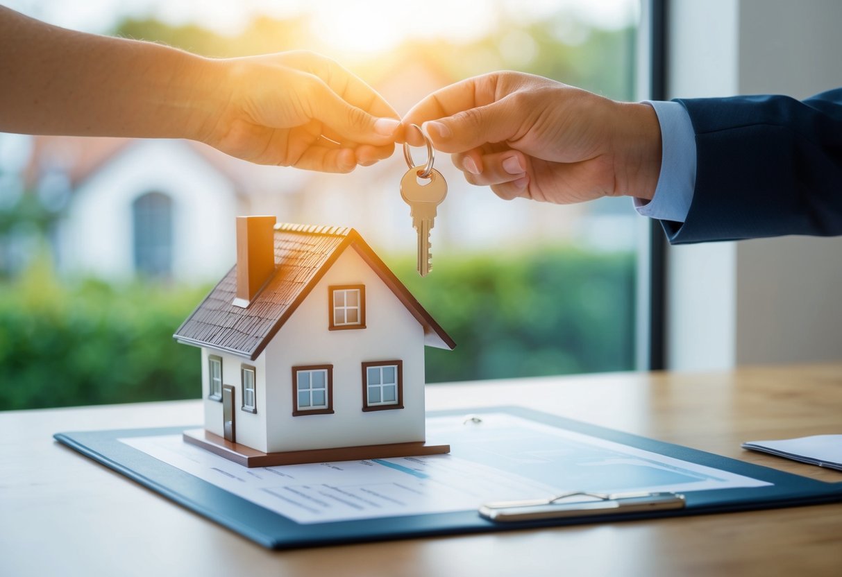 A house key being handed over to a new owner, with a title deed and a map of the property on a desk