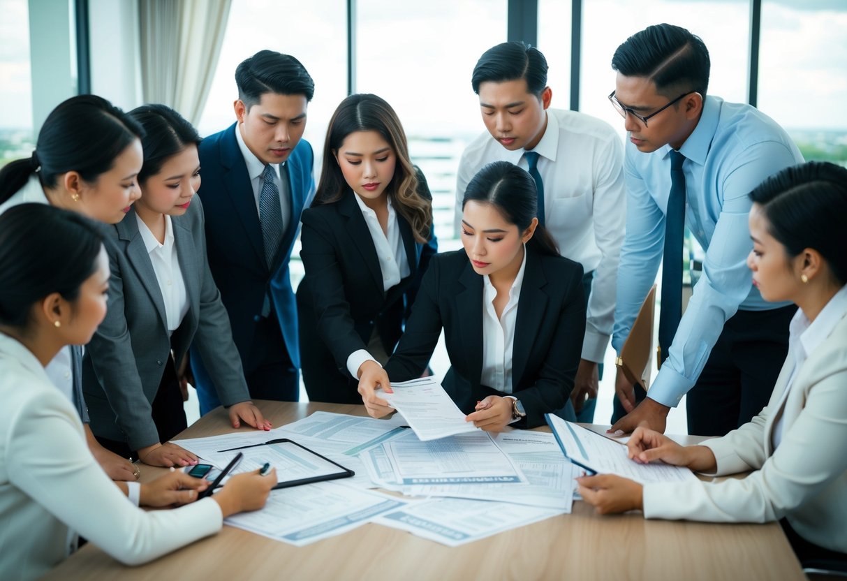 A diverse group of people, including foreigners and Filipinos, examining property titles in Cebu. Real estate agents and lawyers are present, discussing the implications for potential buyers