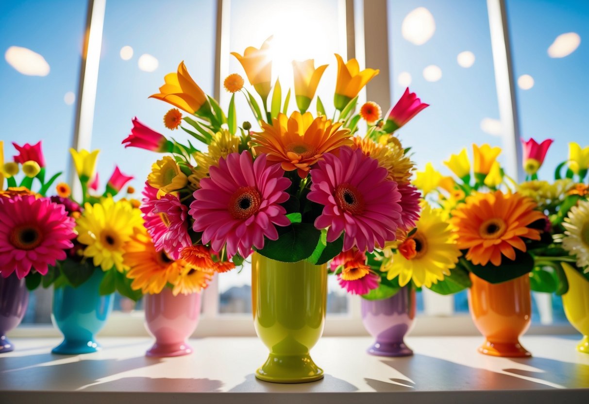 Vibrant artificial flowers arranged in a colorful bouquet, illuminated by bright sunlight