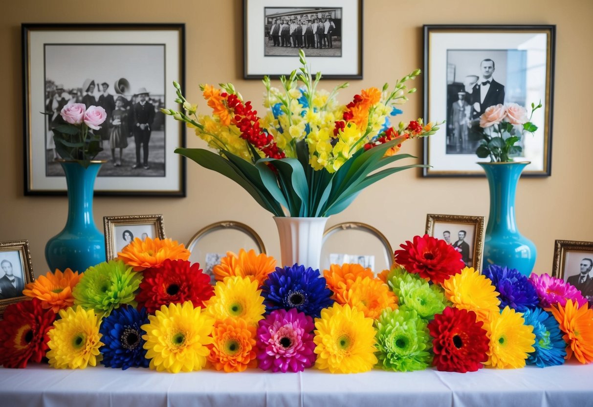 A table adorned with a colorful array of bright artificial flowers, surrounded by vintage vases and historical photographs