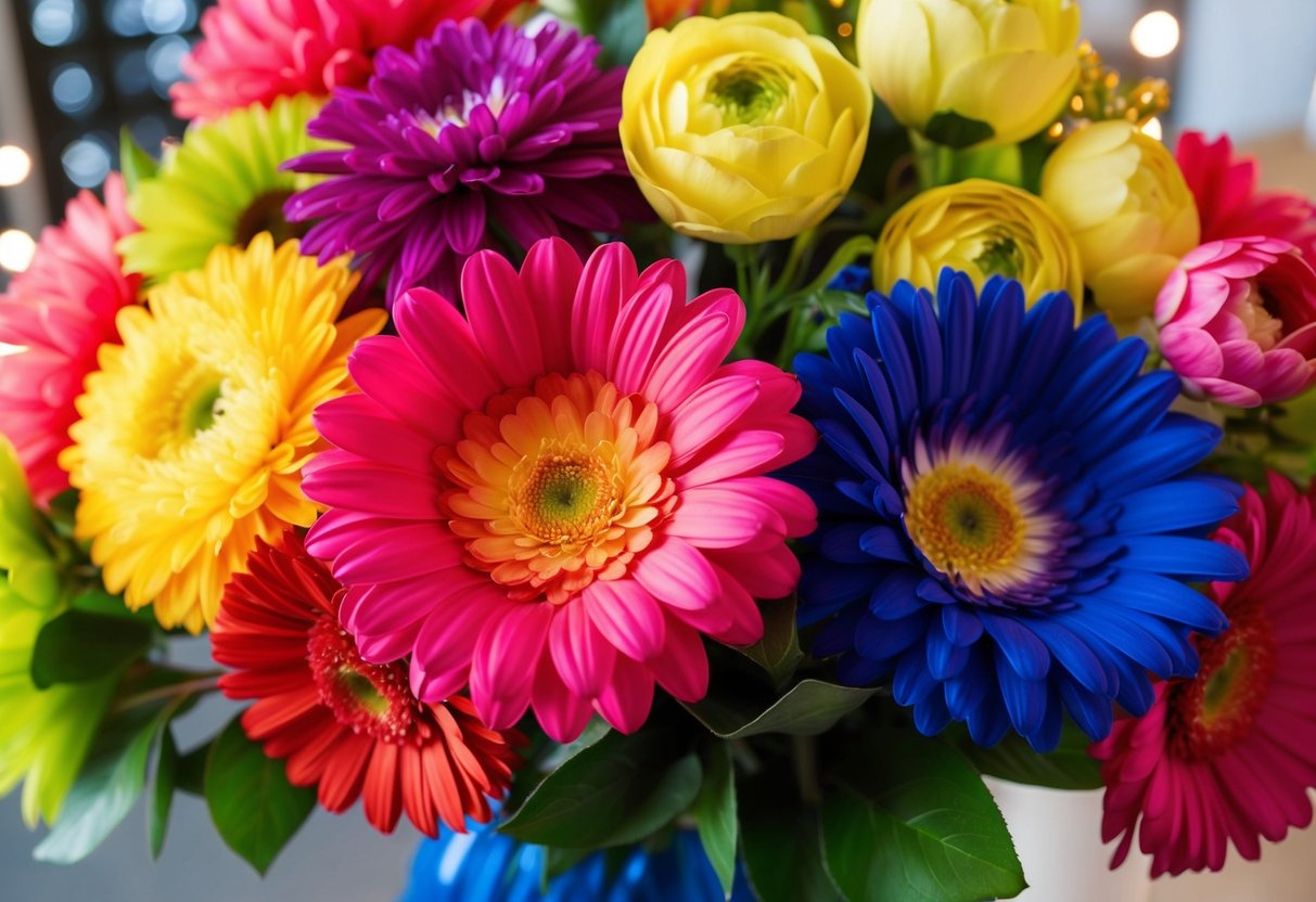 Vibrant artificial flowers arranged in a colorful bouquet