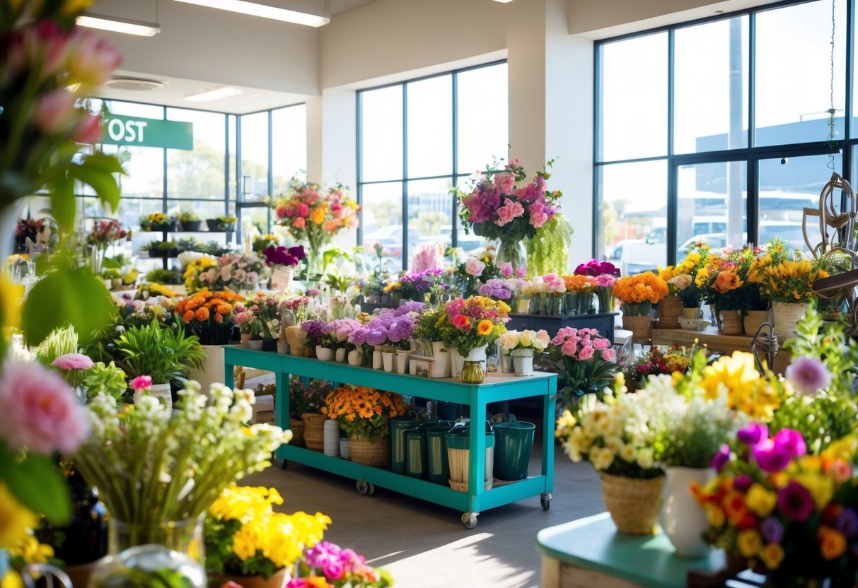 A bustling florist shop in Brisbane, filled with colorful blooms, vases, and gardening tools. Sunlight streams in through the large windows, illuminating the vibrant array of flowers and greenery