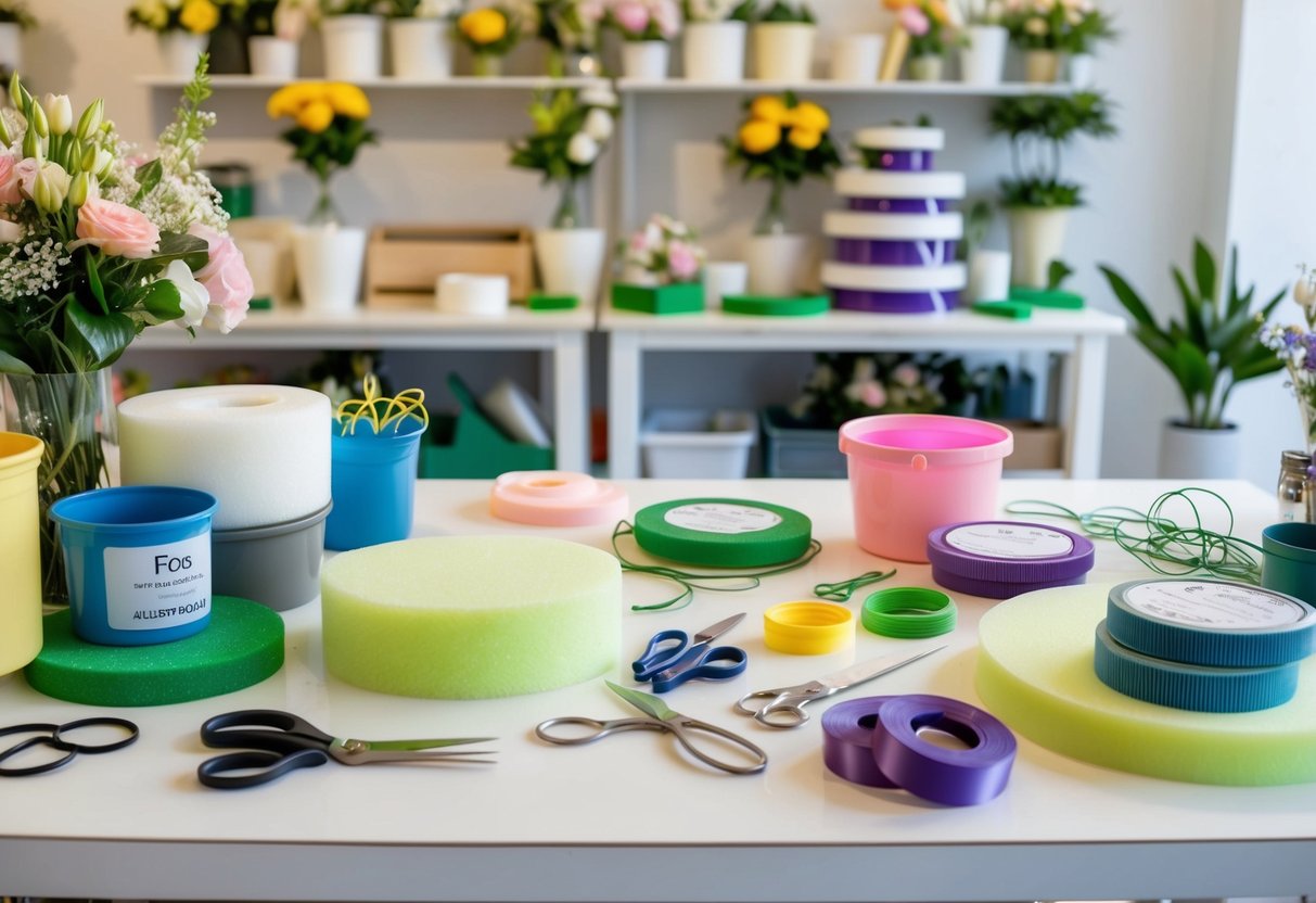 A cluttered worktable with floral foam, wire, scissors, ribbon, and various containers in a bright, organized florist supply shop in Brisbane