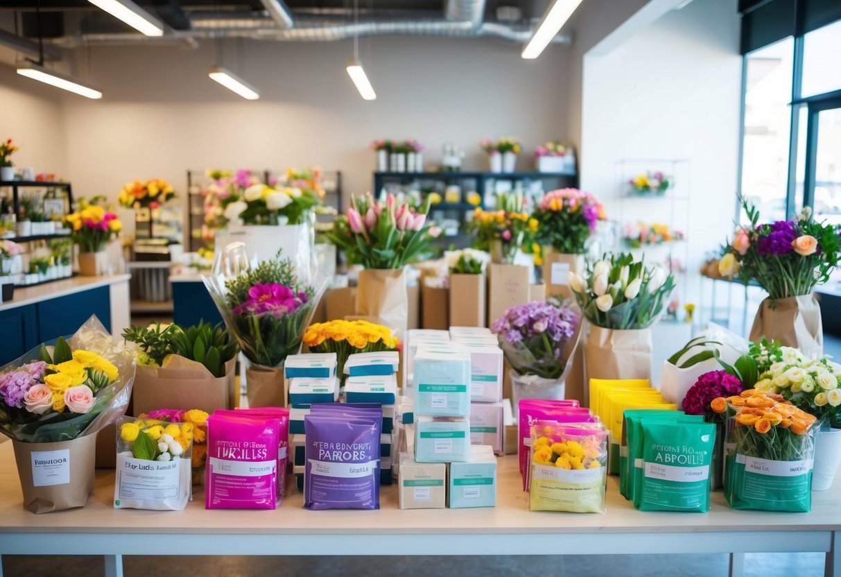 A table filled with colorful florist packaging products and supplies in a well-lit and organized shop in Brisbane