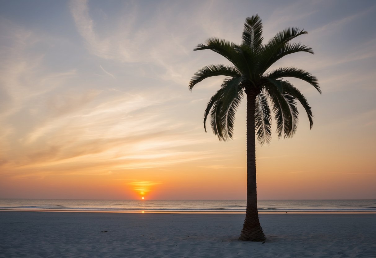 A lone artificial palm tree stands against a sunset sky on a deserted beach