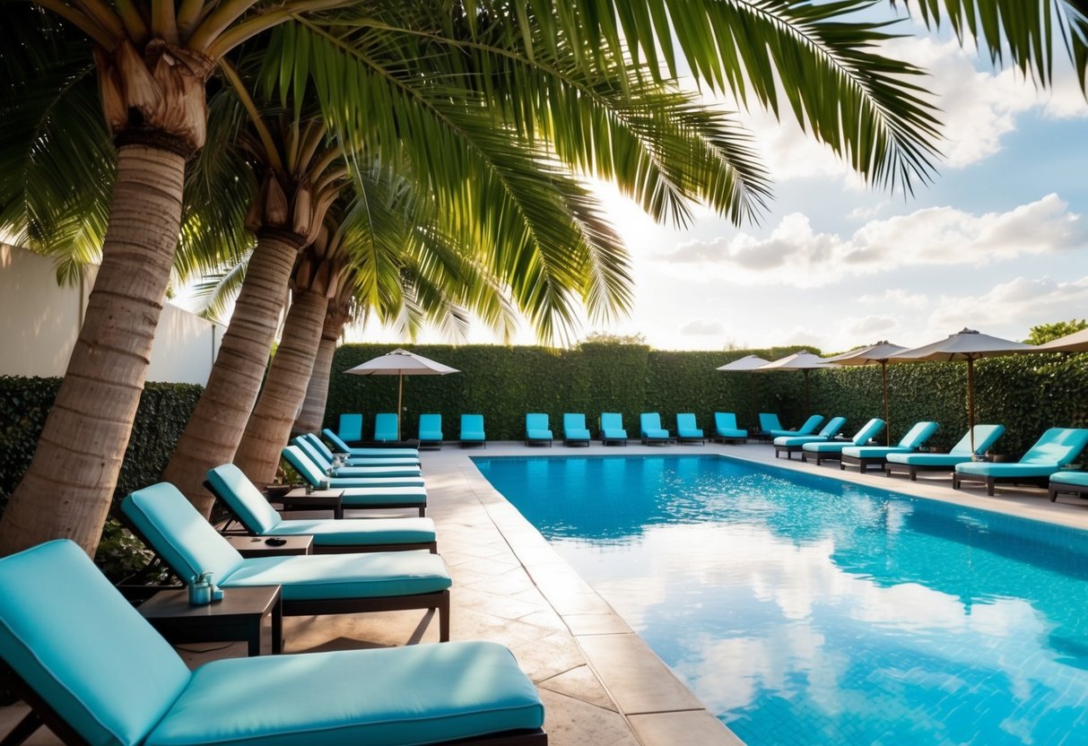 A serene poolside with artificial palm trees casting dappled shadows on loungers and a shimmering blue pool, creating a tranquil and tropical atmosphere