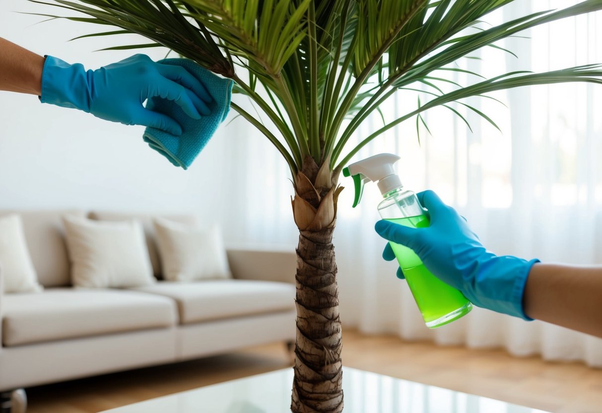 A palm tree artificial being dusted and cleaned with a soft cloth and a cleaning solution in a well-lit room