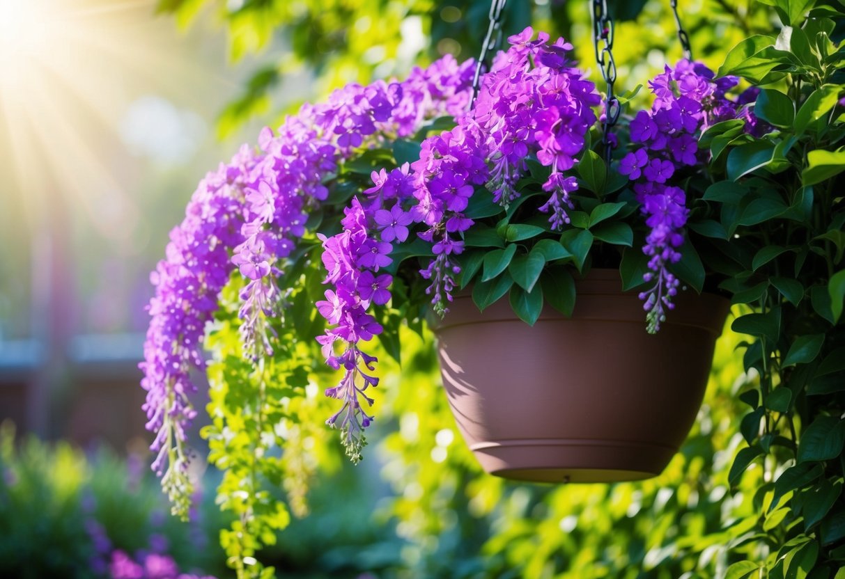 Vibrant purple flowers cascade from a hanging pot, surrounded by green foliage and bathed in soft sunlight