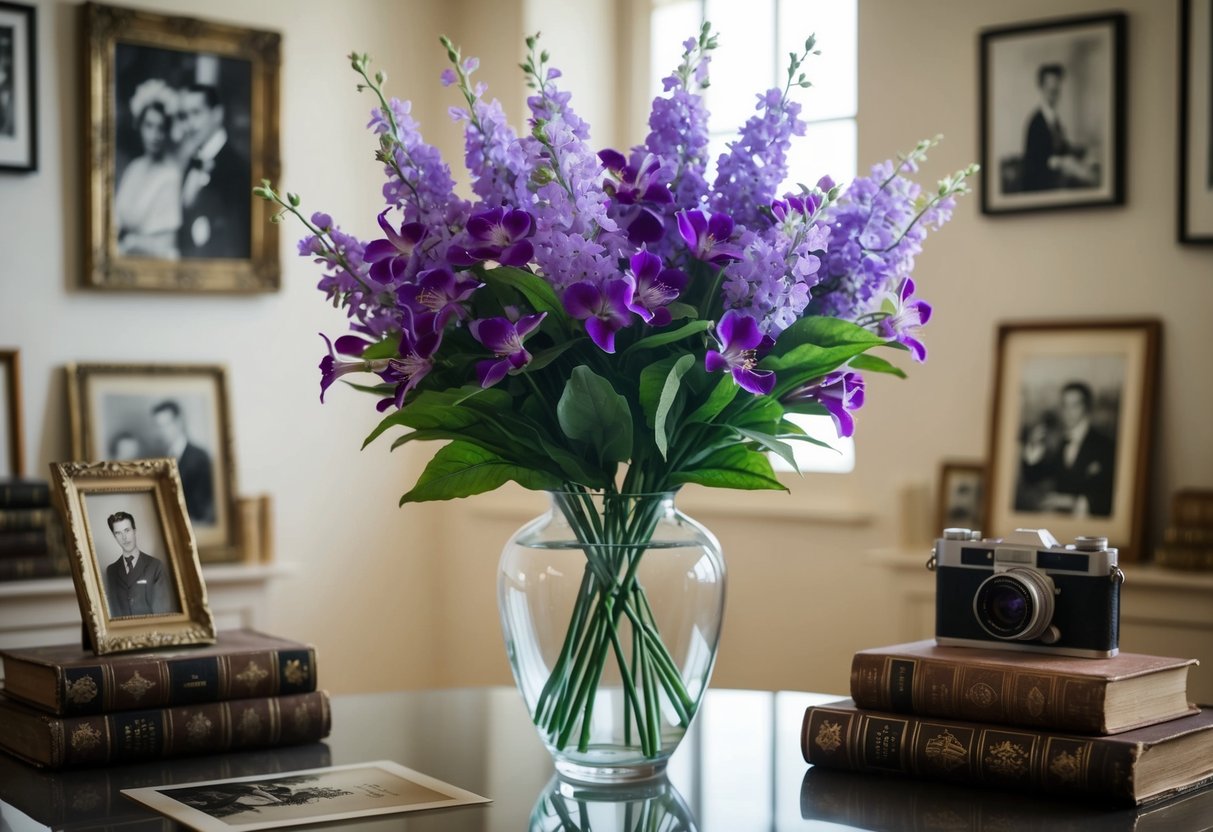 A vase filled with artificial purple flowers sits on a table, surrounded by vintage photographs and antique books