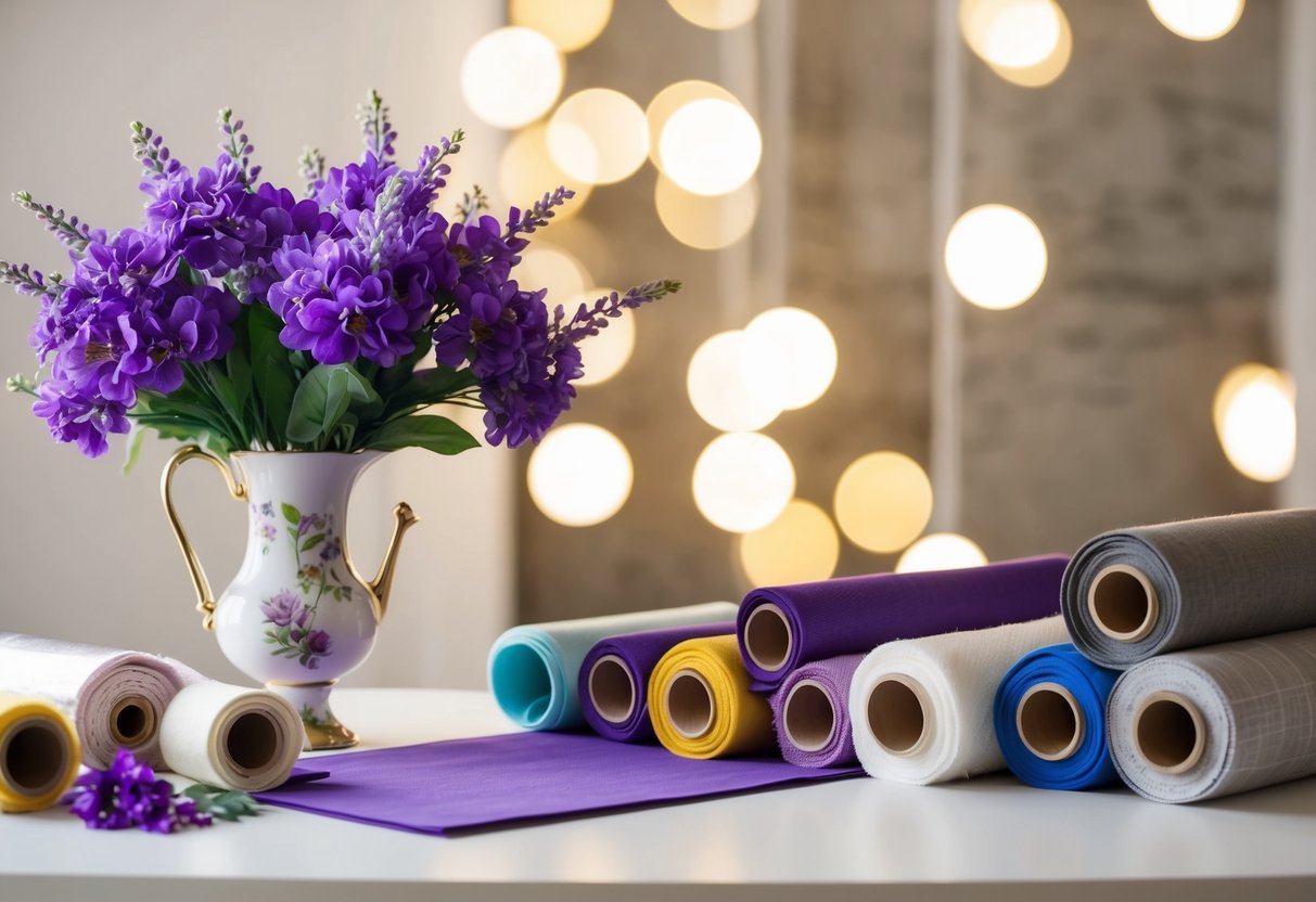 A table adorned with artificial purple flowers in a vase, surrounded by rolls of fabric and materials for crafting