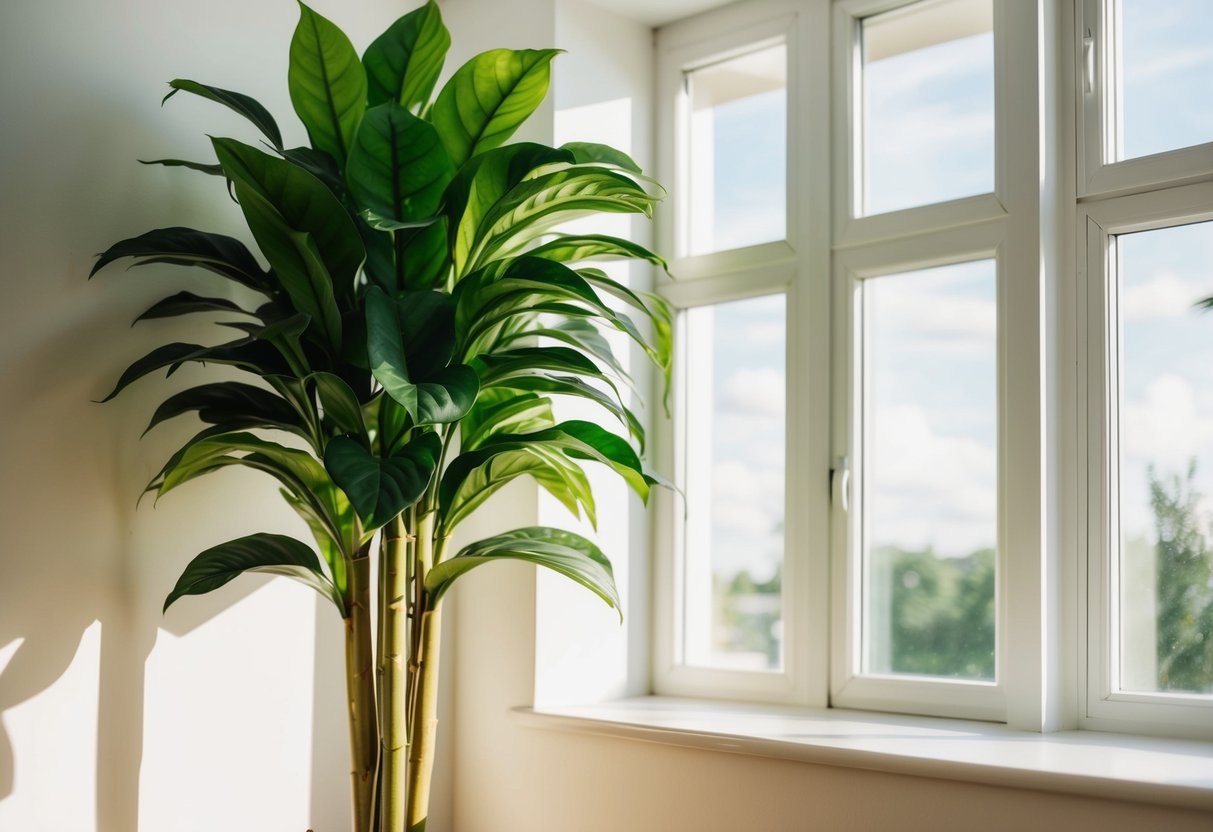 A tall fake plant stands in a sunlit corner, its lush green leaves reaching towards the ceiling, adding a touch of nature to the room