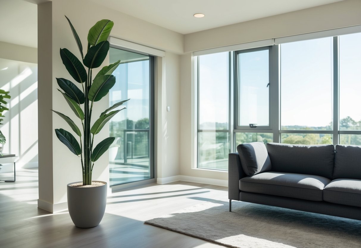 A spacious living room with a tall fake plant in a modern pot, placed next to a large window with sunlight streaming in