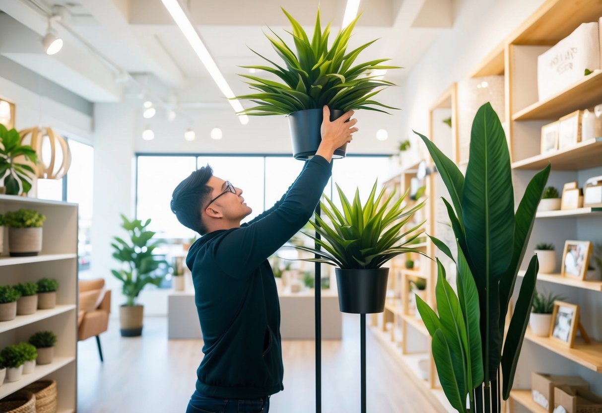 A person reaching up to select a tall fake plant from a display in a bright, modern home decor store