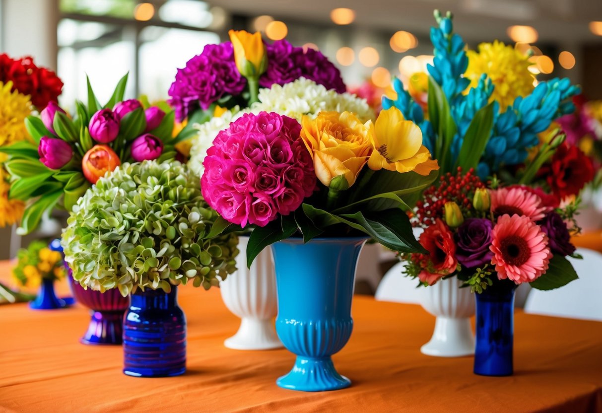 A table adorned with vibrant silk bouquets in various colors and sizes