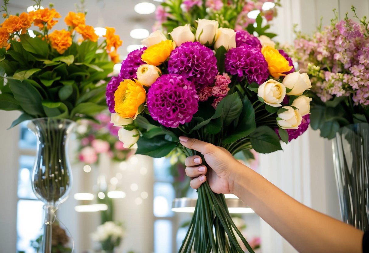 A hand reaching for a bouquet of vibrant, lifelike silk flowers displayed in a well-lit, elegant floral shop