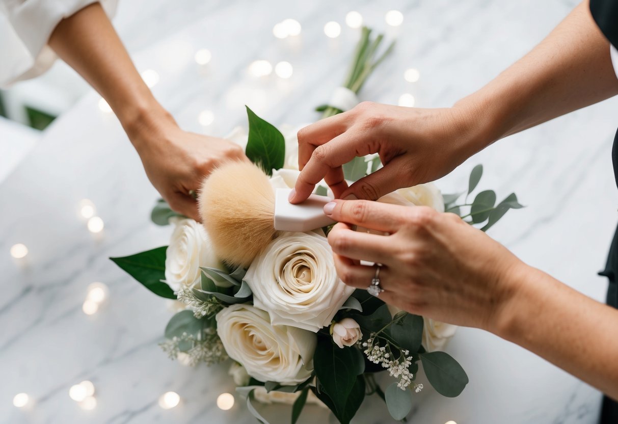 A pair of delicate hands gently dusting off a silk bouquet with a soft brush