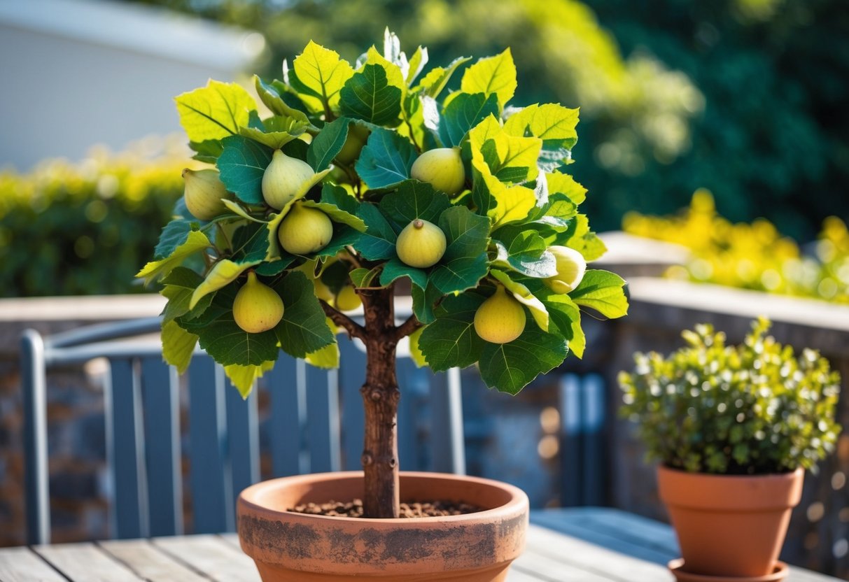 A fake fig tree with vibrant green leaves and small, unripe figs, standing in a weathered terracotta pot on a sunny patio