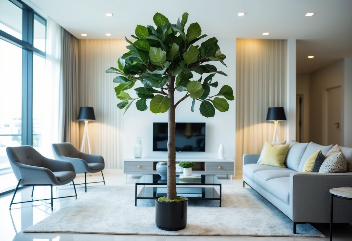 A fake fig tree stands in a bright, modern living room, surrounded by sleek furniture and large windows