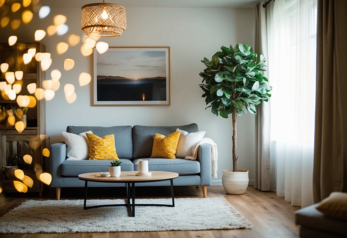 A cozy living room with a fake fig tree in the corner, casting a warm and inviting atmosphere