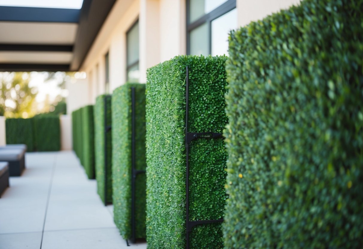 A row of artificial hedge panels lining a modern outdoor patio