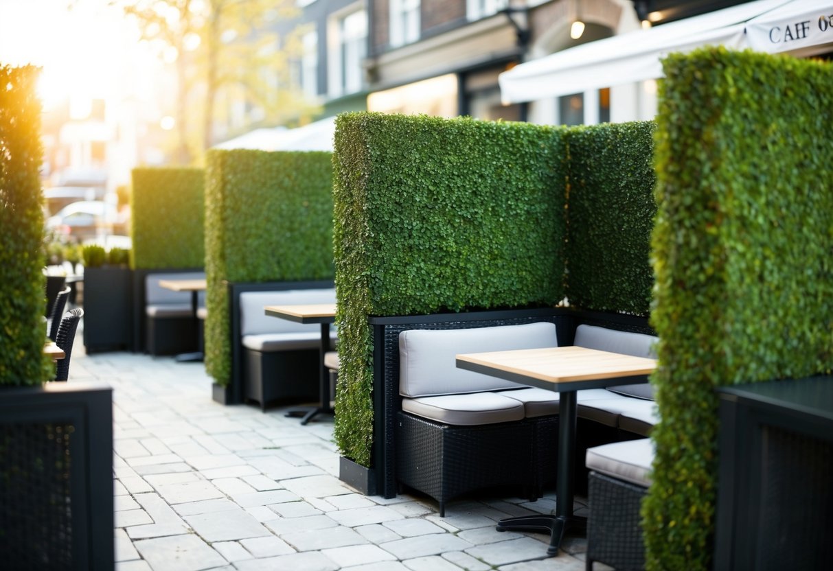 A cozy outdoor cafe with artificial hedge panels surrounding the seating area, creating a private and serene atmosphere