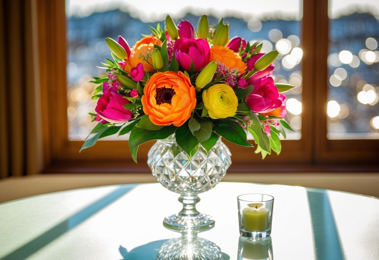 A vibrant silk bouquet sits in a crystal vase on a sunlit table