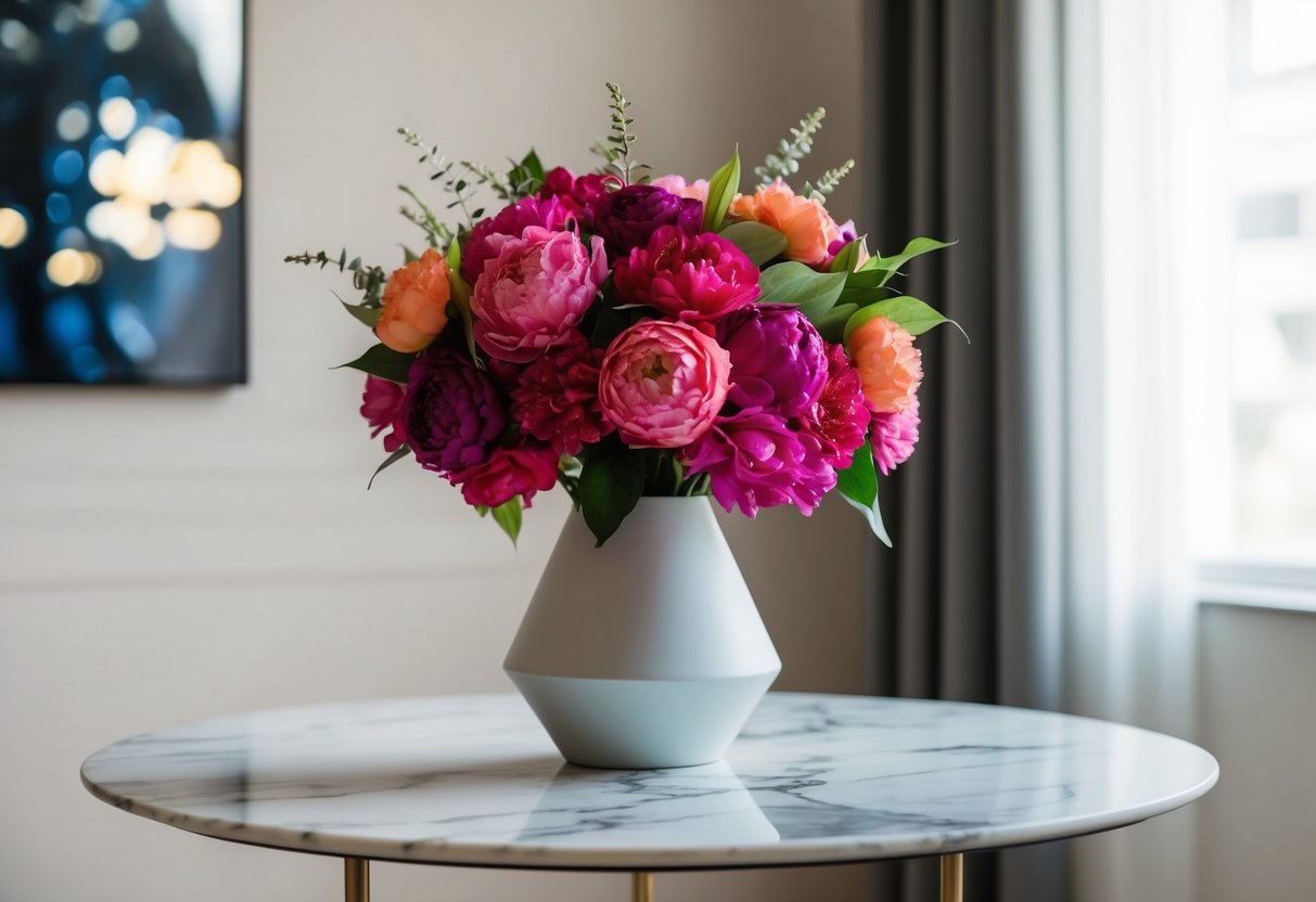 A vibrant silk bouquet in a modern, minimalist vase on a marble table