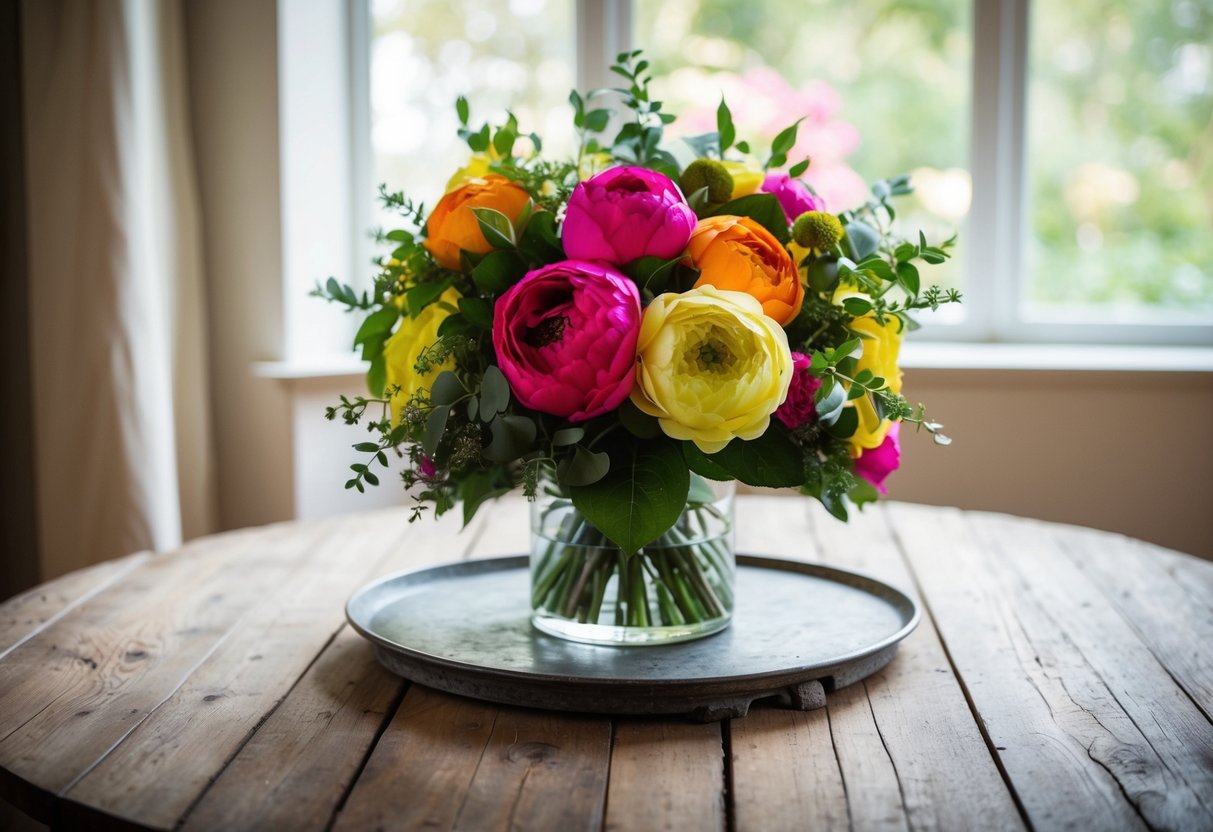 A vibrant silk bouquet sits on a rustic wooden table, surrounded by soft natural light streaming in through a nearby window