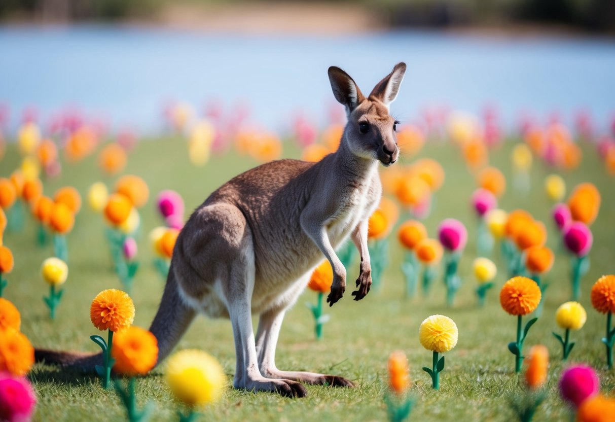 A kangaroo hopping through a field of vibrant fake flowers in Australia