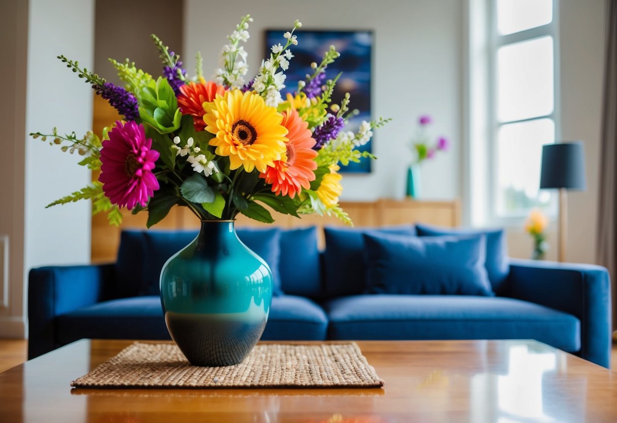 A stylish living room with a vase of vibrant artificial flowers on a coffee table, adding a pop of color and elegance to the space