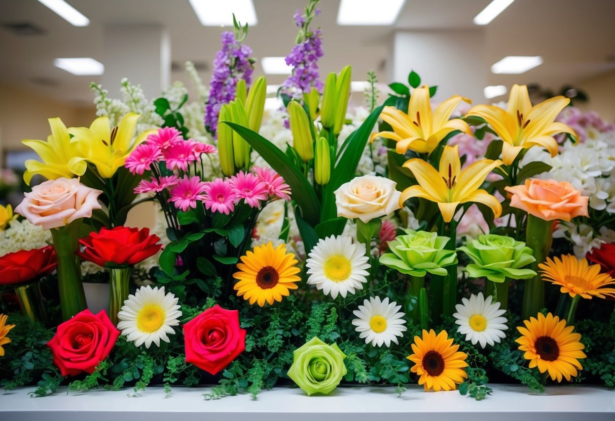 A variety of artificial flowers arranged in a colorful display, including roses, lilies, and daisies, with green foliage and stems