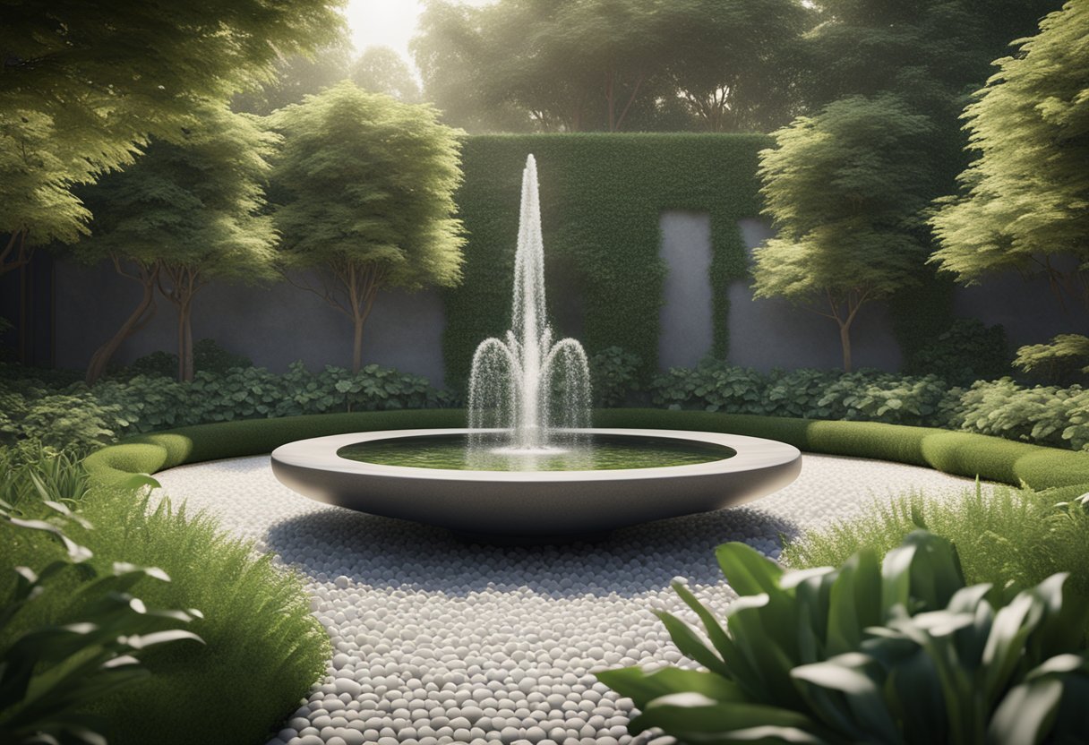 A tranquil garden with a bubbling fountain, lush greenery, and smooth pebbles arranged in a pattern creating a Zen space