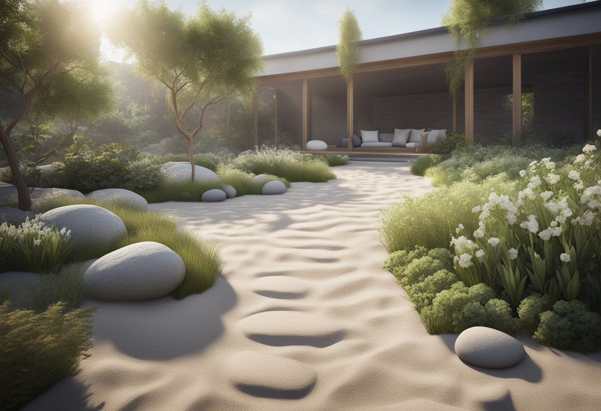 A tranquil garden with raked sand, smooth stones, and carefully placed plants, creating a sense of balance and harmony creating a Zen space