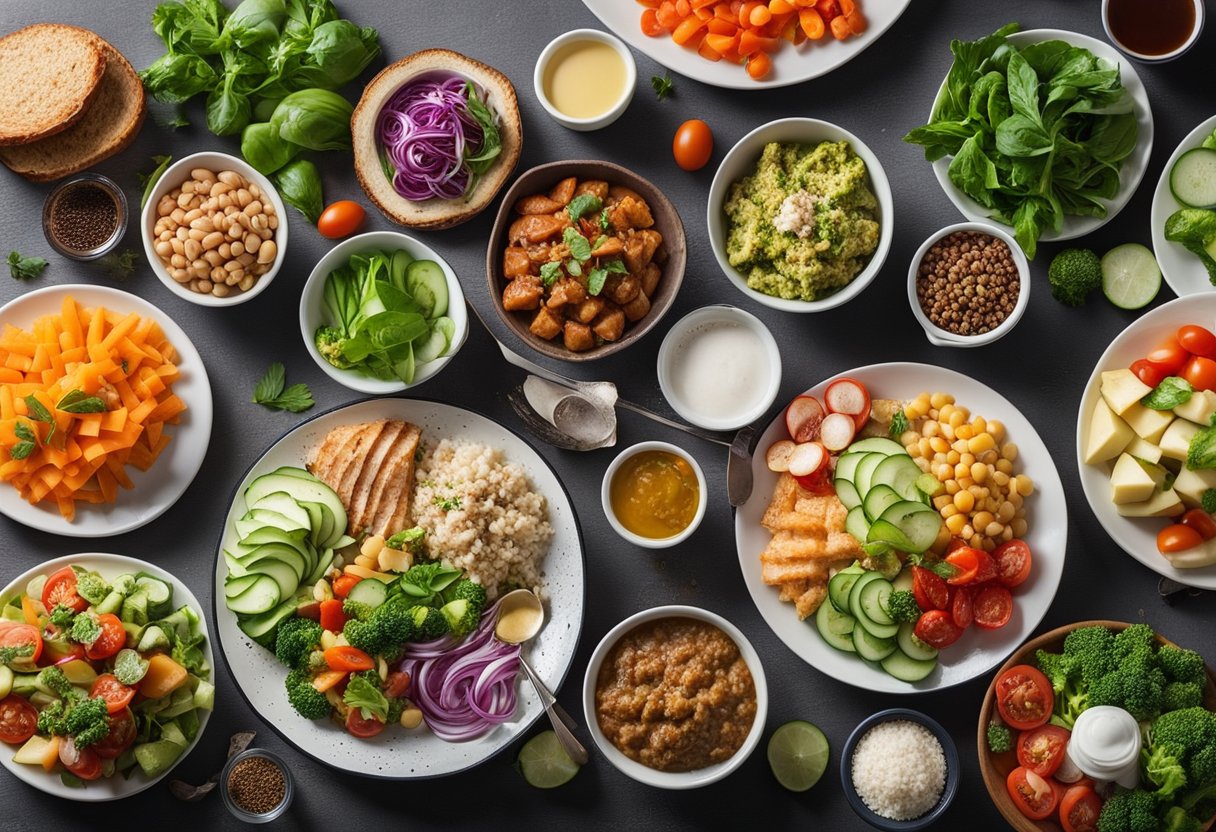 A table set with a variety of colorful, fresh, and healthy keto meals, neatly arranged with vibrant vegetables and lean proteins