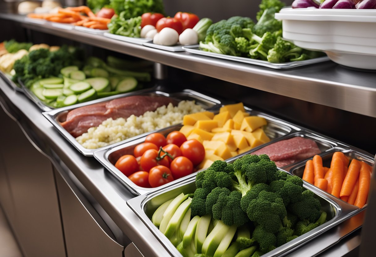 A kitchen counter with a variety of fresh, colorful vegetables, lean meats, and healthy fats neatly organized in meal delivery containers