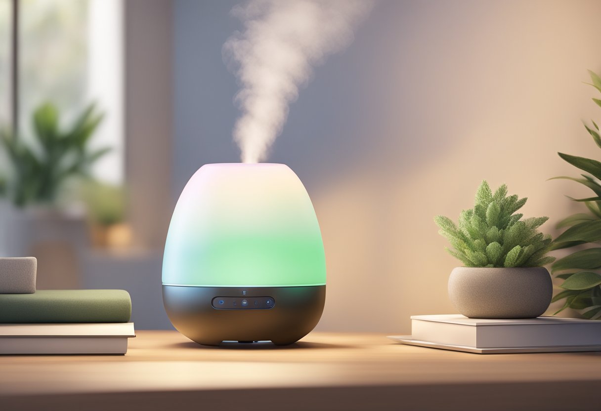 A compact essential oil diffuser emitting a gentle mist in a cozy small space, surrounded by calming decor and soft lighting