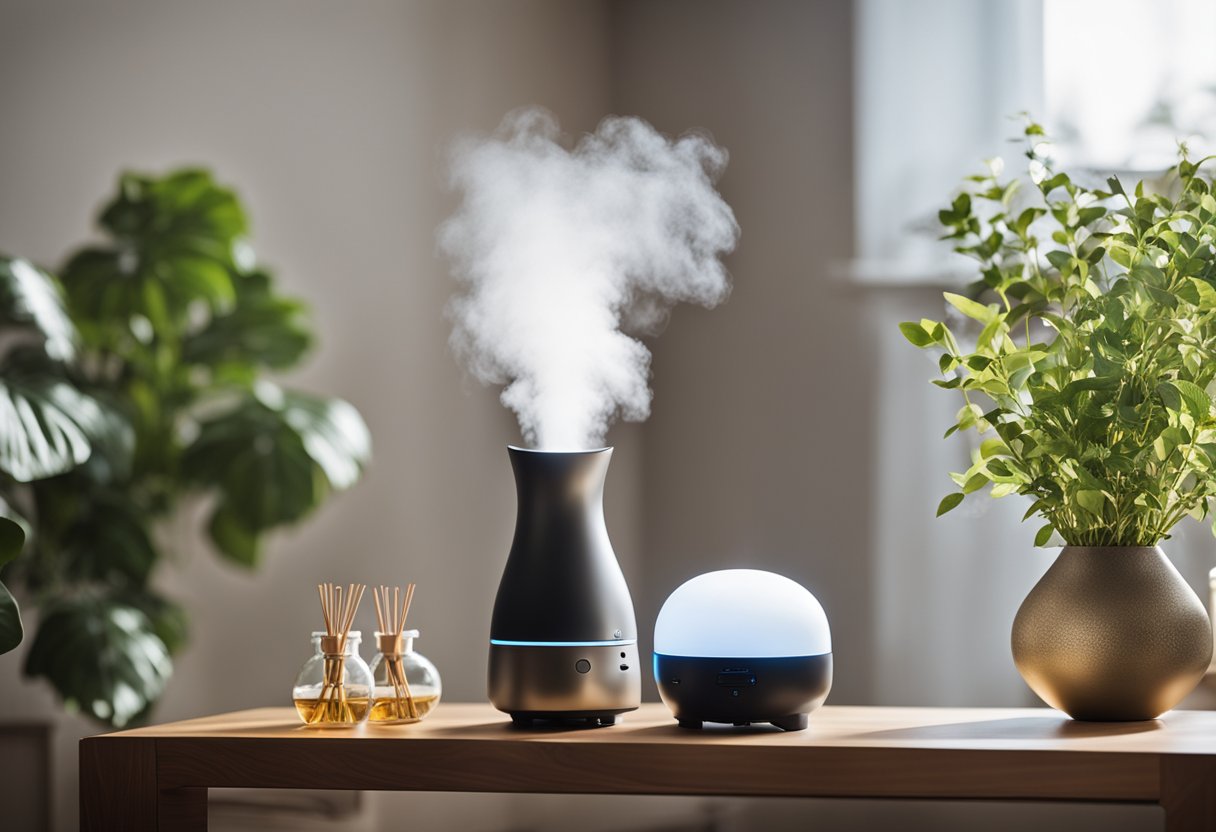 A spacious, well-lit living room with a large essential oil diffuser placed on a side table, emitting a soft, aromatic mist into the air