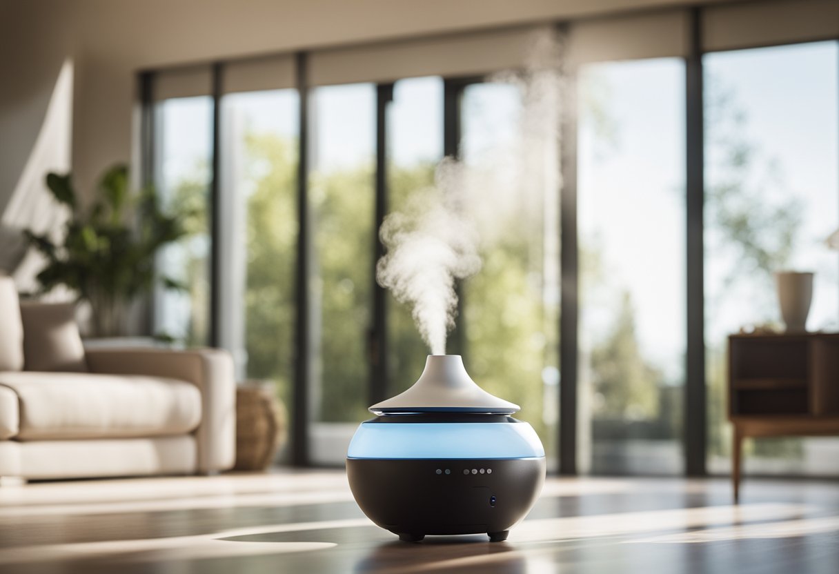 A spacious, sunlit living room with a large, open window. A sleek, modern essential oil diffuser emits a soft, fragrant mist, filling the room with a calming aroma